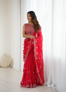 Sari en soie Fendy brodé de paillettes, ensemble avec pièce de blouse non cousue, tenue de fête et de festival, sari indien ethnique, vêtement régional - Product Image 2