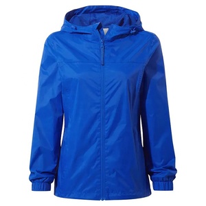 Blue Women's Lightweight Knitted Canvas Shell Jacket Waterproof Windproof <b>Hooded</b> Stand Collar Zipper Outdoor Sports <b>Raincoat</b> - Product Image 1