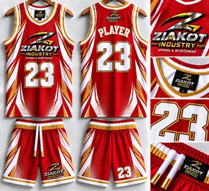 Venta al Por Mayor Directa de Fábrica ZIAKOT INDUSTRY, Jersey de Baloncesto Personalizado Rojo, Blanco y Dorado con Cuello Redondo y Tejido de Canalé - Product Image 1