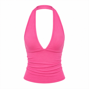Débardeur court rose vif pour femme, col halter, couleur unie, décolleté plongeant, tricoté, sans manches, style décontracté - Product Image 2