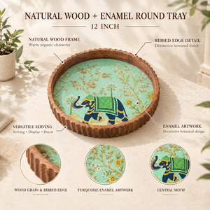 Botanical Enamel <b>Round</b> Wood <b>Tray</b> | Natural Wood Serving <b>Tray</b> with Ribbed Edge Elephant Floral Design Dining <b>Table</b> Home Decor Art - Product Image 5