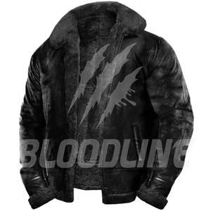 Veste en cuir noir pour homme BLOODLINE avec doublure en fausse fourrure marron, fermeture éclair, style motard, vêtement d'hiver - Product Image 4