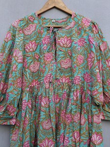 Bohemian Mustard Floral Block Print Cotton Midi <b>Dress</b> With Puff Sleeve <b>Loose</b> Fit Turn Down Neck Summer <b>Dress</b> For Women - Product Image 4
