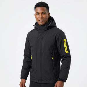 Men's Waterproof Winter Jacket Hooded Solid Black With Yellow Logo On Sleeve Sporty Style Zipper Closure - Product Image 3