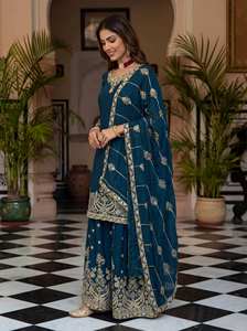 Conjunto Kurti Palazzo Étnico de Seda Chinon Bordada Premium para Mujer, Ropa de Fiesta - Product Image 3