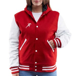 Venta al por mayor de diseño personalizado Logotipo de punto bordado chaqueta de béisbol Casual con capucha de cuero manga de lana transpirable - Product Image 1
