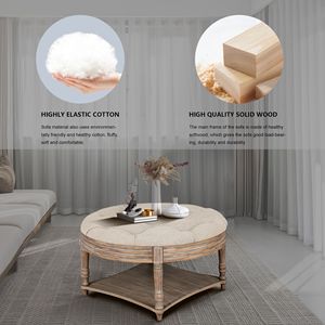 Grande tavolino da caffè ottomano a 2 livelli con ripiano in legno, stile rustico, imbottito con bottoni trapuntati - Product Image 6