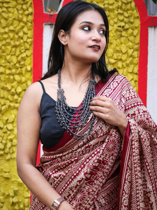 Sari traditionnel en soie artistique marron et crème à double bordure pour femme, longueur ras du sol, tenue de mariage, sari ethnique indien, séchage rapide - Product Image 1