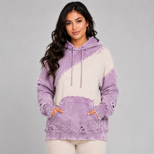 Nouveau design – Sweat à capuche violet oversize pour femme, effet vieilli, color block, en coton délavé, avec déchirures et découpes, style streetwear, OEM - Product Image 1