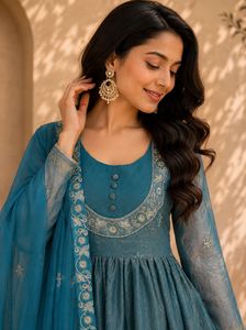 Blue Embroidered Anarkali Suit Silk Blend Kurta <b>Pyjama</b> Set Reversible Wrinkle Free Stretchable Party Wedding Wear - Product Image 2