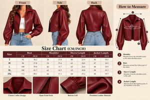 Women’s <b>Burgundy</b> Lambskin <b>Leather</b> <b>Jacket</b> Cropped Zip Front Long Sleeve Fashion Outerwear - Product Image 3