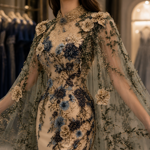 Robe de soirée sirène de luxe brodée florale avec cape transparente, col montant, soutien-gorge intégré et traîne Watteau - Robe de mariée de créateur - Product Image 4