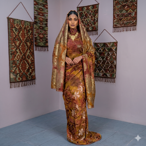 Châle Fransawi Dirac marron doré à imprimé floral et jacquard doré |   Vêtements de cérémonie somaliens de luxe - Product Image 1