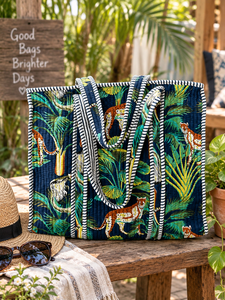 Bolsa de Mano Acolchada de Algodón Maaunique con Estampado de Hojas Tropicales y Animales de la Selva, 16x16 Pulgadas, Grande, Reutilizable, con Cierre, Lavable, Estilo Vintage, para Viaje - Product Image 1