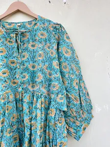 Boho Style Floral Block Print Viscose Midi <b>Dress</b> With Tie Neck Puff Sleeve <b>Loose</b> Fit Summer Casual <b>Dress</b> For Women - Product Image 4