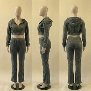 Ensemble de survêtement en velours pour femme, veste courte zippée et pantalon large, deux pièces, style streetwear décontracté - Product Image 5