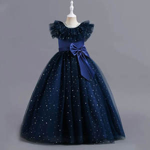 Vestido de Fiesta Largo Formal para Niñas con Falda de Tul con Estrellas Brillantes y Elegante Lazo, Vestido de Princesa Azul Marino de Lujo al por Mayor - Product Image 1