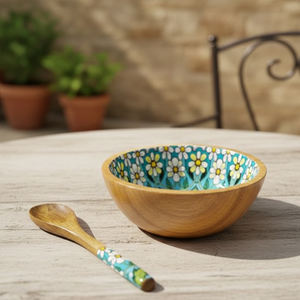 Handcrafted Eco-Friendly Wooden Daisy Mosaic Bowl Spoon Set with Modern Floral Design Plastic-Free Packaging for Business <b>Gifts</b> - Product Image 2