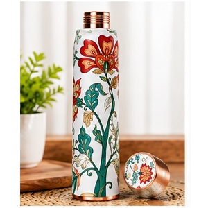 Modern Navy Blue Gold Floral Printed <b>Copper</b> <b>Water</b> <b>Bottle</b> with Matching Cups Portable Drinkware for Travel Metal Insulated Set - Product Image 4