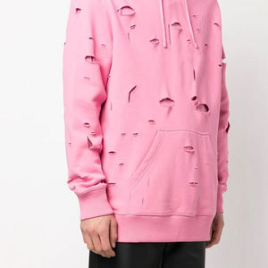 Sudadera con Capucha Oversize Rosa para Hombre, Estilo Desgastado, Color Sólido, Tejido de Algodón, Diseño con Bolsillos, Estilo Urbano Otoñal - Product Image 4
