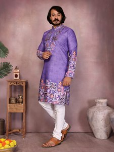 Kurta élégante en coton Khadi épais avec broderie au col et Chudidar semi-coton, idéale pour les mariages, les festivals et les tenues traditionnelles. - Product Image 6