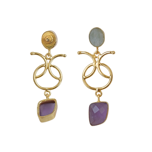 Boucles d'oreilles pendantes en laiton plaqué or faites à la main avec pierres semi-précieuses Amazonite et Améthyste, légères, bijoux de créateur, vente en gros - Product Image 2