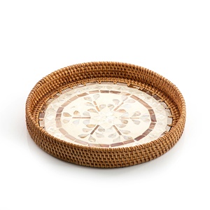 Rattan Wicker Trays with Mother of Pearl Inlay MDF Base and Insert Handle for Fruit Serving, <b>Coffee</b> <b>Table</b> Trays Handmade - Product Image 1