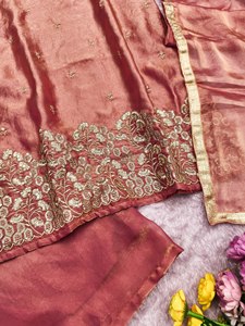 <b>Rust</b> orange fandy satin silk plazzo suit with multi thread sequence embroidery v neck <b>top</b> pant dupatta lace border party wear - Product Image 5