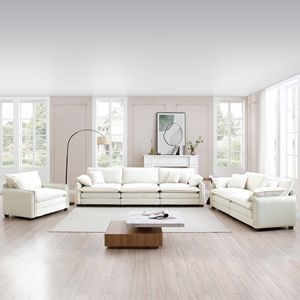 Set Divano Sezionale Oversize in Corduroy Beige a 3 Pezzi: 1 Poltrona Singola, 1 Divano a 2 Posti, 1 Divano a 3 Posti Profondo per Soggiorno - Product Image 1