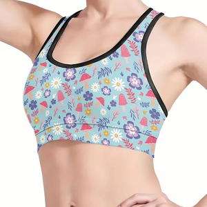 Women's Plus Floral Leaf Print Contrast Trim Racer Back High <b>Stretch</b> Fitness Yoga Running <b>Bra</b>, Breathable Solid Sports <b>Bras</b> - Product Image 1