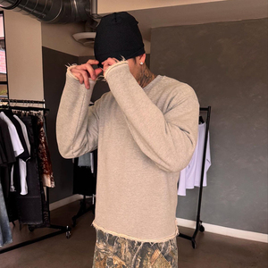 เสื้อสเวตเชิ้ตไหมพรมโอเวอร์ไซส์สำหรับผู้ชาย แขนยาว คอโอ ทรงหลวม แต่งชายรุ่ย สีพื้น ผ้าไนลอน/คอตตอน เป็นมิตรต่อสิ่งแวดล้อม - Product Image 3