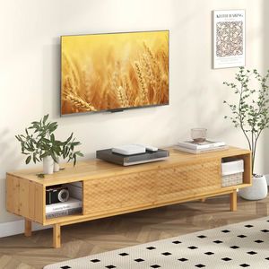 Meuble TV moderne en bambou de style Mid-Century, 63 pouces, avec portes coulissantes, 1 pièce - Product Image 1