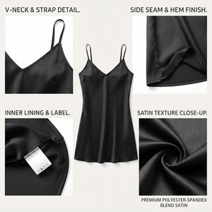 Sexy <b>Black</b> Satin V-Neck Sleeveless Nightgown Loose Fit Knee Length Plus Size Adult Women Loungewear Elastic Waist Summer Smooth - Product Image 6