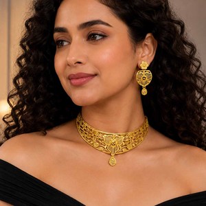 Wholesale 14K 18K 24K Micron Gold Plated Dubai Style Bridal Fashion Choker Necklaces Set Traditional <b>Floral</b> Design Jewelry Set - Product Image 3