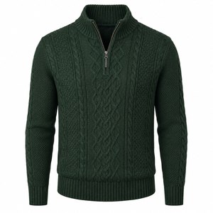 Suéter de Hombre Verde Oscuro Tejido con Cierre de 1/4, 100% Algodón, Corte Regular, Manga Larga, Estilo Invernal, Patrón Geométrico - Product Image 1