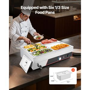 Scaldavivande Elettrico Commerciale 1500W in Acciaio Inox con 6 Vasche, Riscaldamento Rapido, Buffet da Banco, Bain Marie Manuale con Coperchio Riscaldante a Vapore - Product Image 3