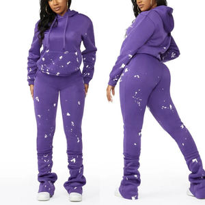 Conjunto de chándal elegante con estampado puff y pantalones acampanados, sudadera con capucha y cremallera completa, talla de EE. UU. para mujer, ¡superventas! - Product Image 1