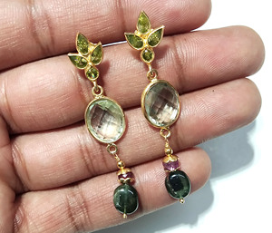 Boucles d'oreilles pendantes en argent sterling plaqué or 14 carats, style bohème, faites à la main, avec améthyste verte naturelle et multi-tourmaline, pour femmes - Product Image 5