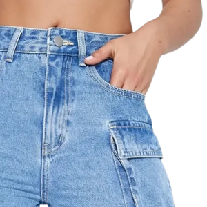 Pantalones Cargo Vaqueros Anchos Azules Medios para Mujer, Transpirables, de Tiro Medio, Ajuste Regular, Denim Lavado, Estilo Casual Urbano de Otoño - Product Image 3