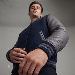 <b>Men's</b> Blue Varsity <b>Jacket</b> 2026 27 With Gray <b>Leather</b> Sleeves Turn-down Collar Single Button Closure Casual Autumn Wear - Product Image 5