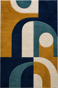 Tapis en laine tufté à la main, style Art déco du milieu du siècle, motifs géométriques arche, jaune moutarde, bleu marine, turquoise, tapis de designer pour salon - Product Image 2