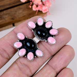 Pink Conch Black Onyx Sterling <b>Silver</b> <b>Stud</b> <b>Earrings</b> Southwestern Boho Jewelry - Product Image 3