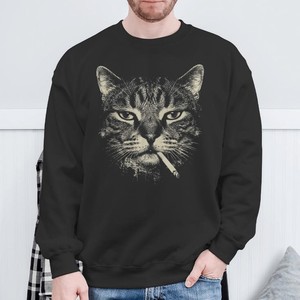 Sweat-shirt à capuche unisexe noir avec imprimé chat fumant une cigarette, décontracté, avec poche, coupe classique, pour l'automne, 100% coton molletonné - Product Image 2