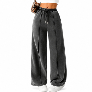 Pantalones Deportivos de Felpa para Mujer, Cintura Alta, Pierna Ancha, Corte Holgado, con Cordón, Color Sólido, Largos, para Otoño - Product Image 5