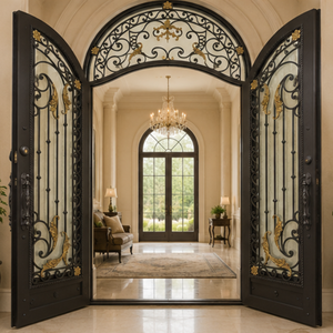 Puerta de Entrada Doble de Hierro Forjado Arqueada de Lujo con Detalles en Dorado y Vidrio Esmerilado, Diseño de Seguridad para Villa - Product Image 3