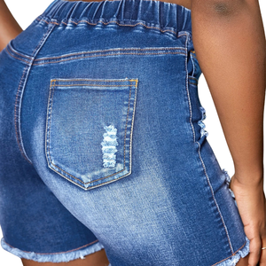 Womens Casual Dark Blue Denim Shorts <b>Elastic</b> Mid <b>Waist</b> Skinny Fit Drawstring Ripped Distressed Streetwear Fashion Daily <b>Jeans</b> - Product Image 4