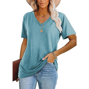 Camiseta de Mujer con Cuello en V, Manga Corta, Color Sólido, Corte Holgado, Informal, Verano, Transpirable, Tejido de Jersey de Algodón - Product Image 1