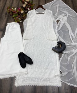 <b>White</b> Georgette Women's Regular Fit Regular Length Traditional Ethnic Wear Party Casual All Seasons Embroidery Work India - Product Image 2