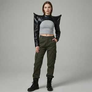 Haut court asymétrique en similicuir PU pour femme, à manches chauve-souris, col roulé, fermeture éclair, couleur unie, pour l'automne - Product Image 2