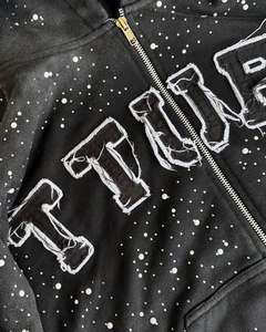 Custom Rhinestone Graphic Zip Hoodie Heavyweight Distressed Streetwear Hoodie Oversized Cotton Fleece Full Zip Up Hoodies - Product Image 4